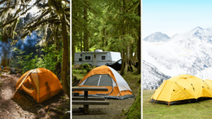 three types of camping in a triptych format showing each.
