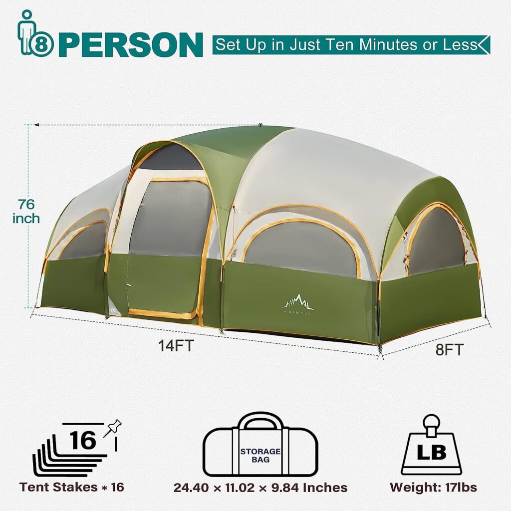 GoHimal 8 Person Tent for Camping, Waterproof Windproof Family Tent with Rainfly, Divided Curtain Design for Privacy Space, Portable with Carry Bag