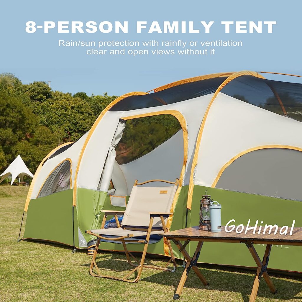 GoHimal 8 Person Tent for Camping, Waterproof Windproof Family Tent with Rainfly, Divided Curtain Design for Privacy Space, Portable with Carry Bag
