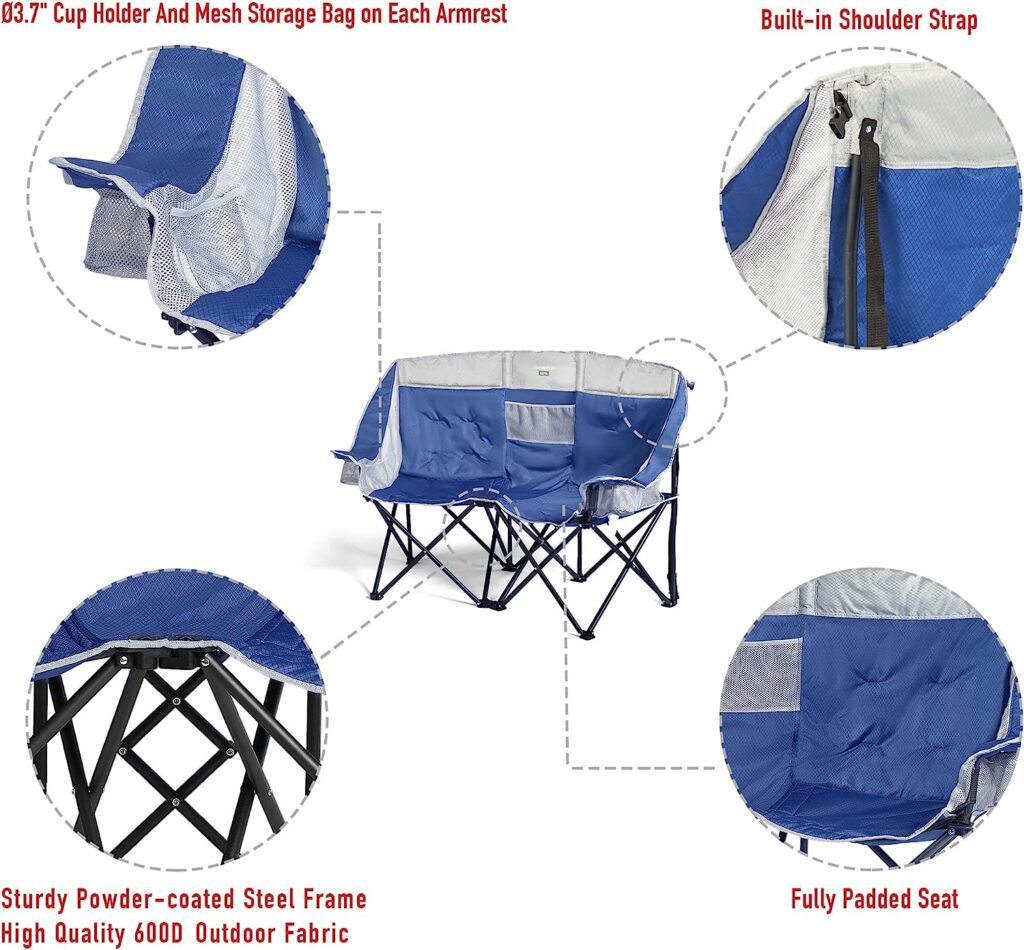 SUNNYFEEL Folding Double Camping Chair, Portable Duo Loveseat Chair, Padded Foldable Lawn Chairs with Cup Holder for Beach/Outdoor/Travel/Picnic, Fold Up Camp Chairs for Adults Heavy Duty 2 Person