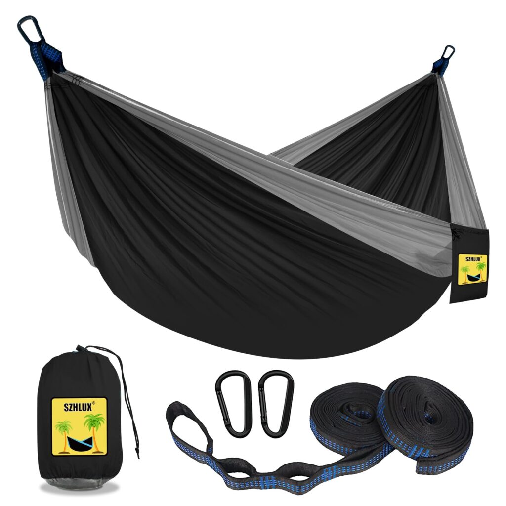 SZHLUX Camping Hammock Double  Single Portable Hammocks with 2 Tree Straps, Great for Hiking,Backpacking,Hunting,Outdoor,Beach,Camping,Medium,Light Grey  Sky Blue