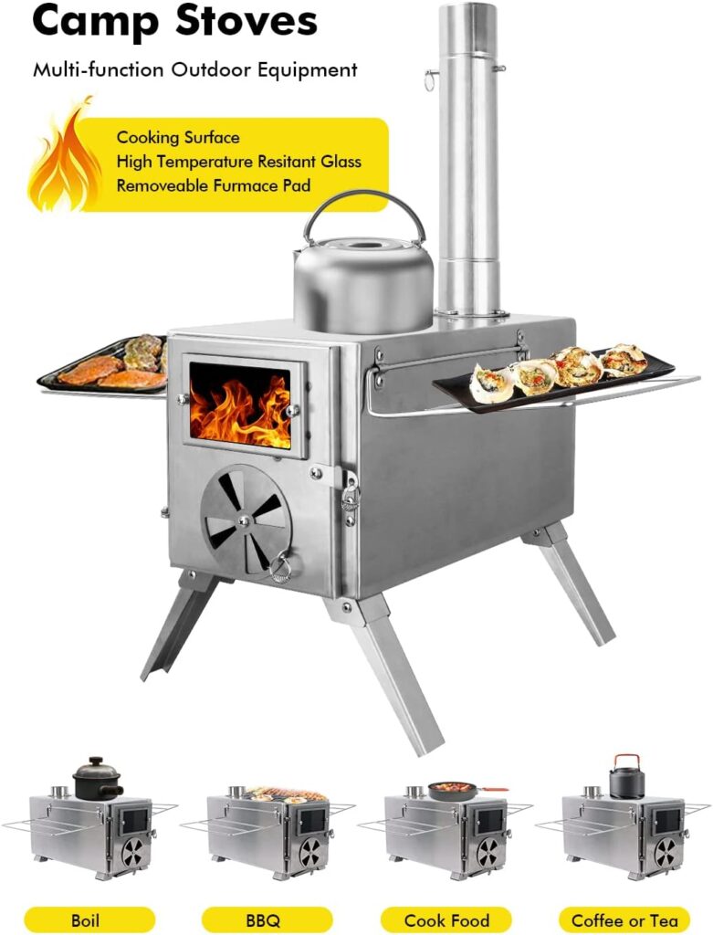Camping Stove for Hot Tents, LAMA 304 Stainless Steel Wood Burning Stove with Stainless Wall Chimney Pipes for Tents, Shelter, Outdoor Portable Stove for Camping Heating and Cooking