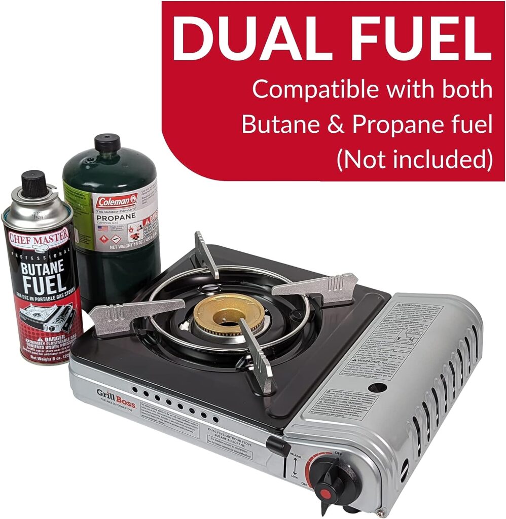 Grill Boss 90057 Dual Fuel Camp Stove | Works with both Butane and Propane | Perfect for Camping  Hiking | Emergency Cooking Stove | Single Burner 12k BTU Output | Single Burner Dual Fuel Camp Stove