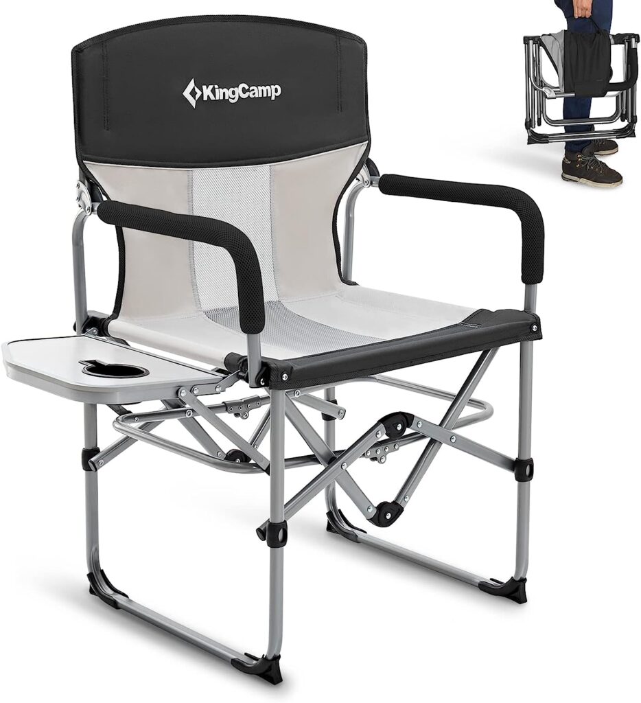 KingCamp Folding Camping Chair, Heavy Duty Directors Seat for Adults Outside, Portable Lawn Chairs with Side Table Breathable Mesh Back Compact Style for Outdoor Sports