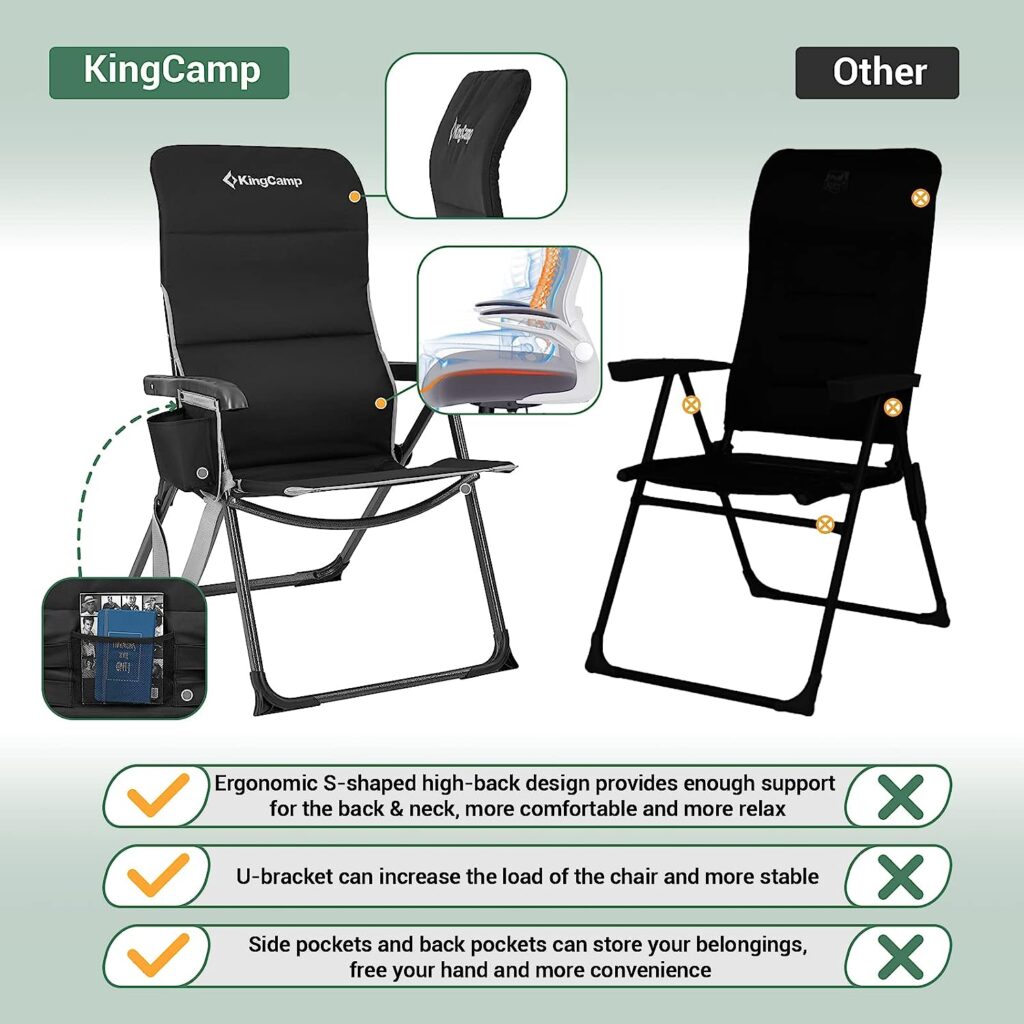KingCamp Reclining Camping Folding Chair, Padded Lumbar Support Heavy Duty High Back Adults Chairs with Carry Strap Pocket for Garden Lawn Patio Outdoor Camp Black