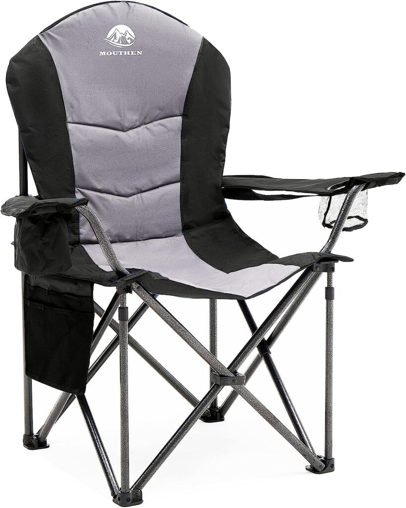 Mouthen Oversized Camping Chair with Lumbar Support, Outdoor Heavy Duty Folding Camp Arm Chair with Cooler Bag,Head and Side Pocket (Black  Grey)
