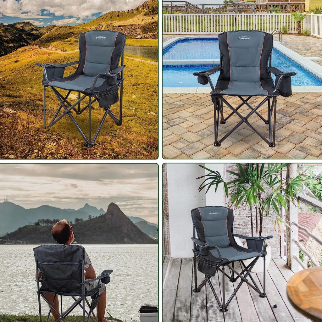 Overmont Oversized Camping Folding Chair Heavy Duty Steel Frame Collapsible Padded Arm Chair with Cup Holder Cooler Pocket Quad Lumbar Back, Portable for Outdoor Beach Fishing Support 385 LBS