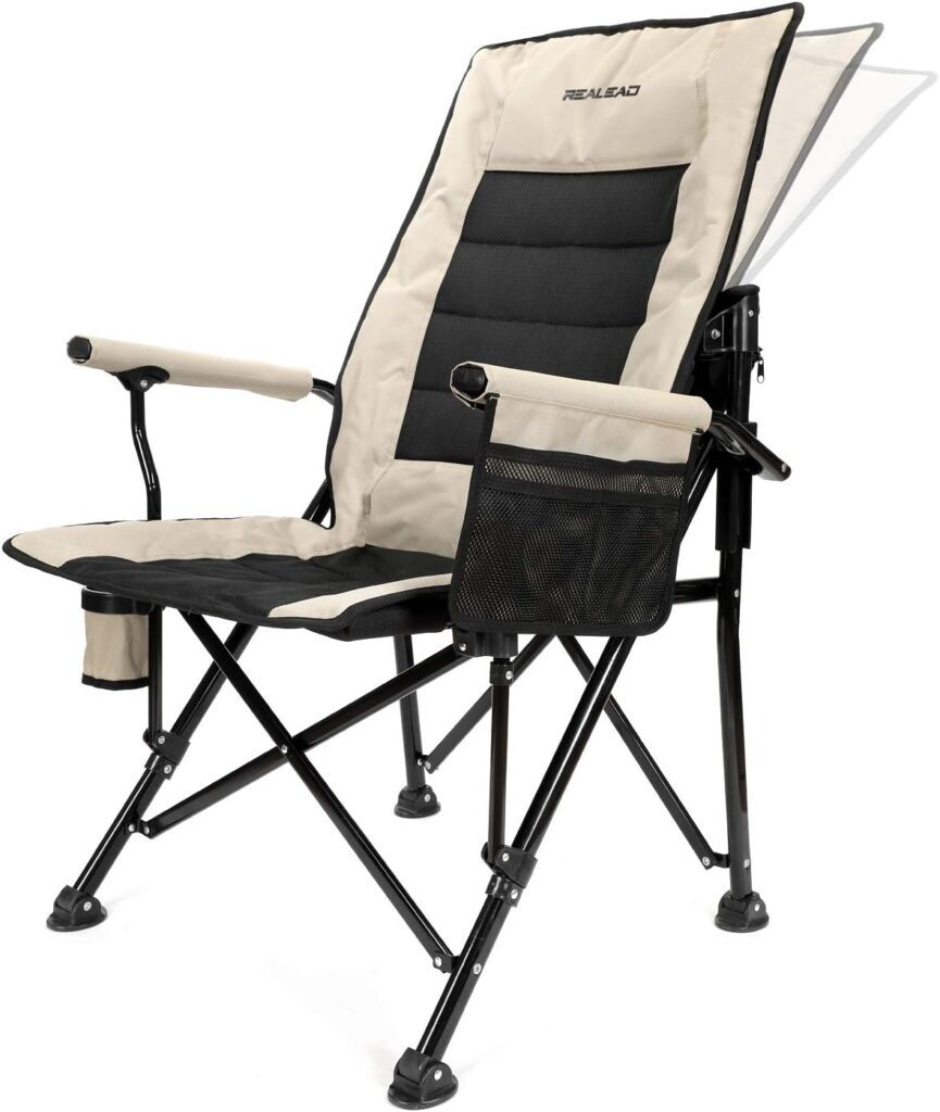 Realead Oversized Camping Chairs Heavy Duty Folding Chair Padded Support 400 LBS,Portable Outdoor Lawn Chairs with Cup Holder,Adjustable High Back Beach Camp Chair with Lumbar Back Support for Outside