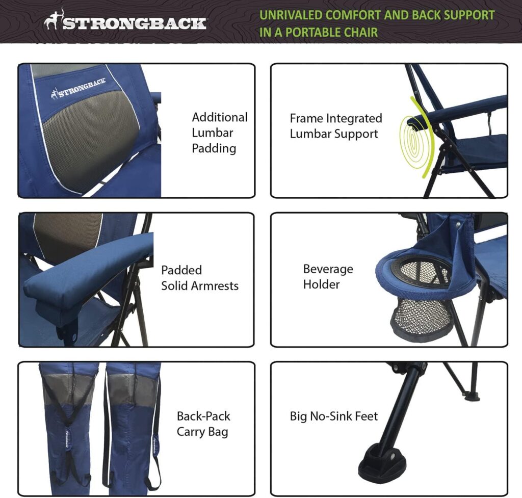 STRONGBACK Elite 2.0 Adult Camping Chair with Lumbar Support and Carry Bag, Navy/Grey
