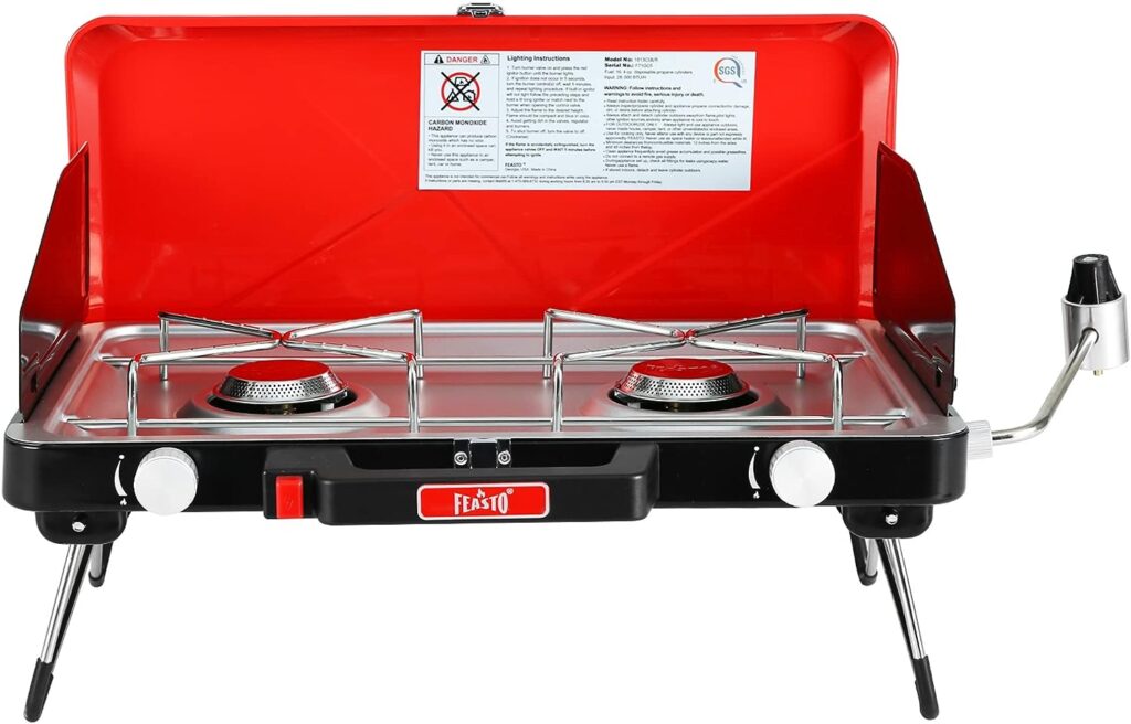 FEASTO Propane Camping Stove with Two Adjustable High Power Windproof Burners and Two Folding Legs, Convenient for Outdoor Camping, Picnic, L22.8’’x W14.1’’x H13.6’’ (Red)