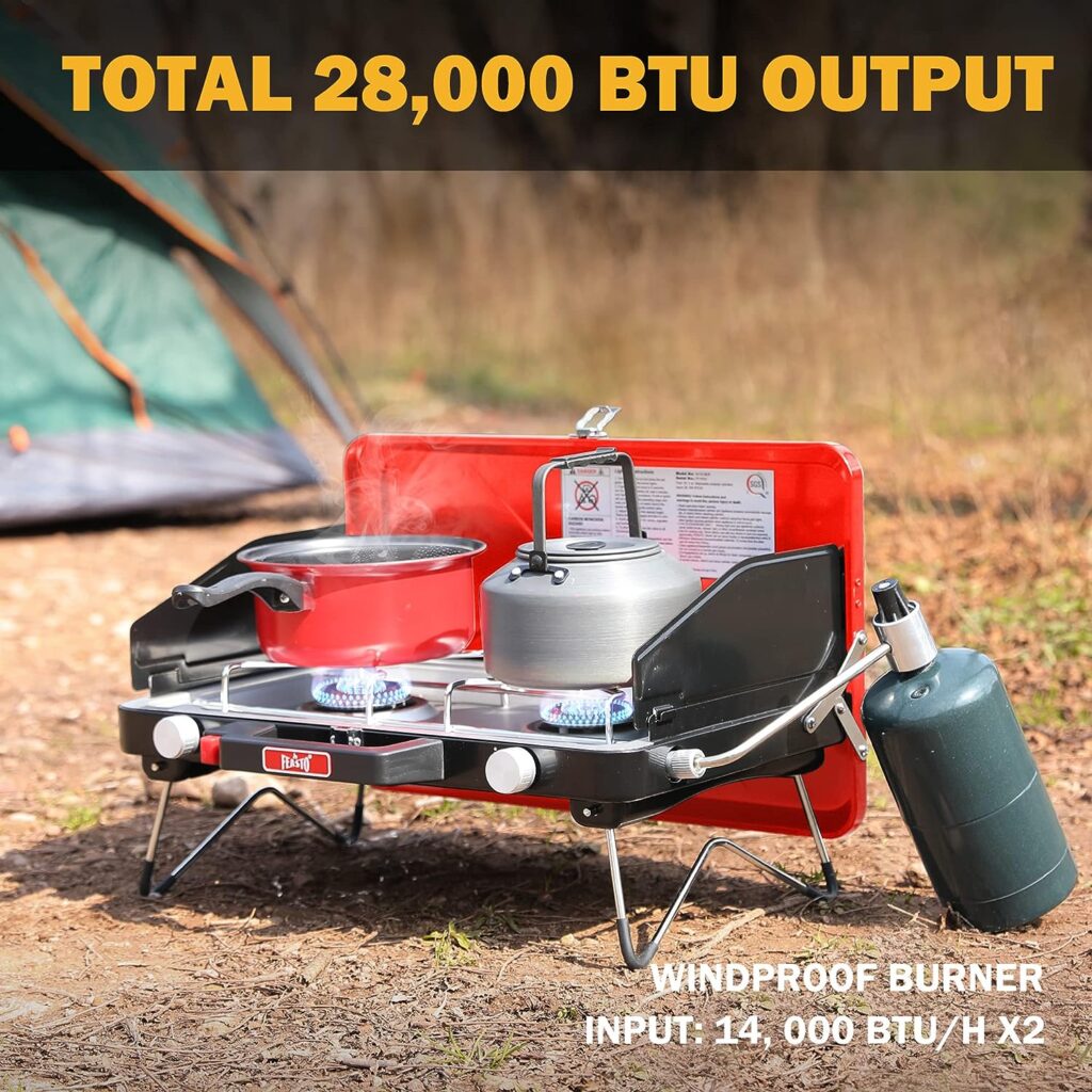 FEASTO Propane Camping Stove with Two Adjustable High Power Windproof Burners and Two Folding Legs, Convenient for Outdoor Camping, Picnic, L22.8’’x W14.1’’x H13.6’’ (Red)