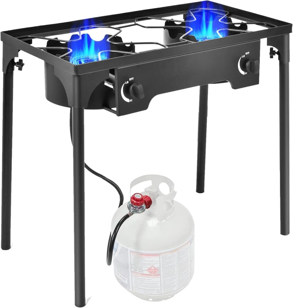 Goplus Outdoor Camping Stove, Dual Burner Propane Gas Cooker w/Detachable Legs  0-20 PSI Regulator  CSA Approval for Camp Paito RV, Cast Iron, 150,000-BTU