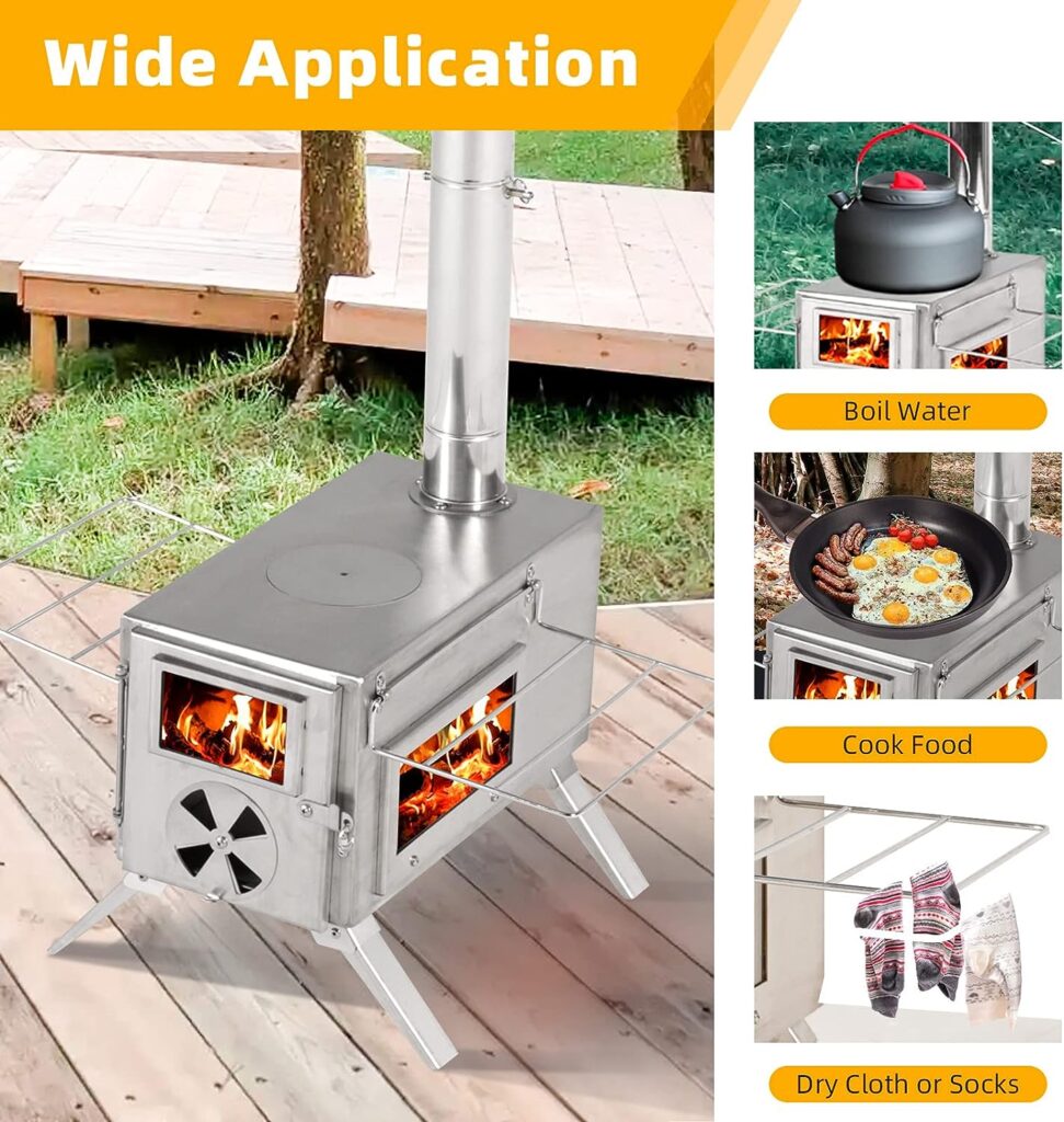 GRAVFORCE Camping Hot Tent Stove, Portable Wood Burning Stove for Outdoor, Stainless Steel Small Camping Stove with Sectional Chimney Pipes  Tent Stove Jack for Heating and Cooking, Backpacking