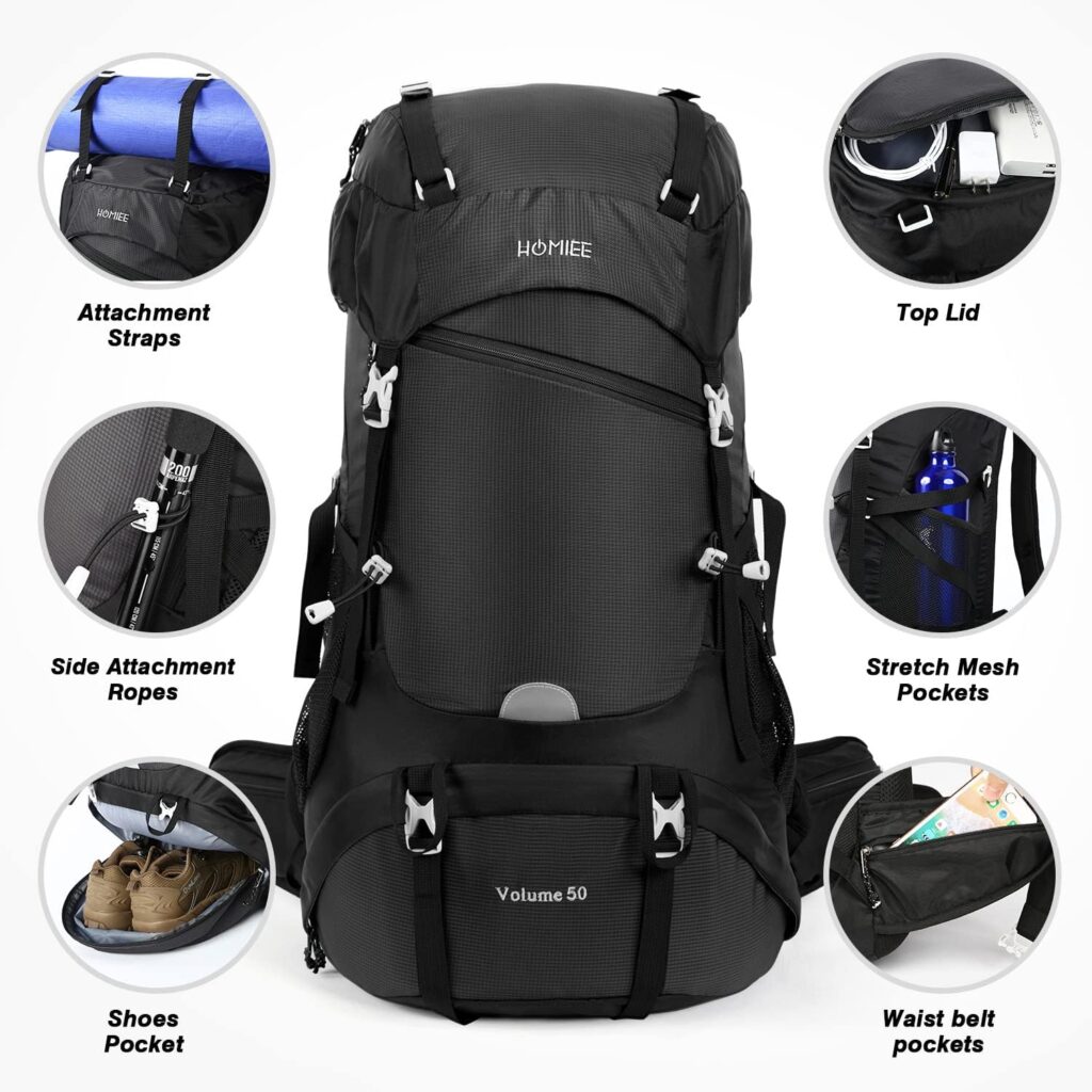 HOMIEE 50L Hiking Backpack Travel Bag Waterproof Camping Climbing Daypack Outdoor Sports Rucksack Backpacks with Rain Cover