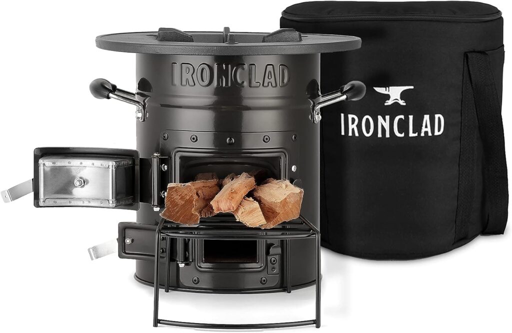 Ironclad Supply Rocket Stove – Camping Wood Stove for Emergency Preparedness, Survival, Off Grid Living Supplies – Portable Wood Burning Stove with Canvas Storage Bag and Fuel Support System