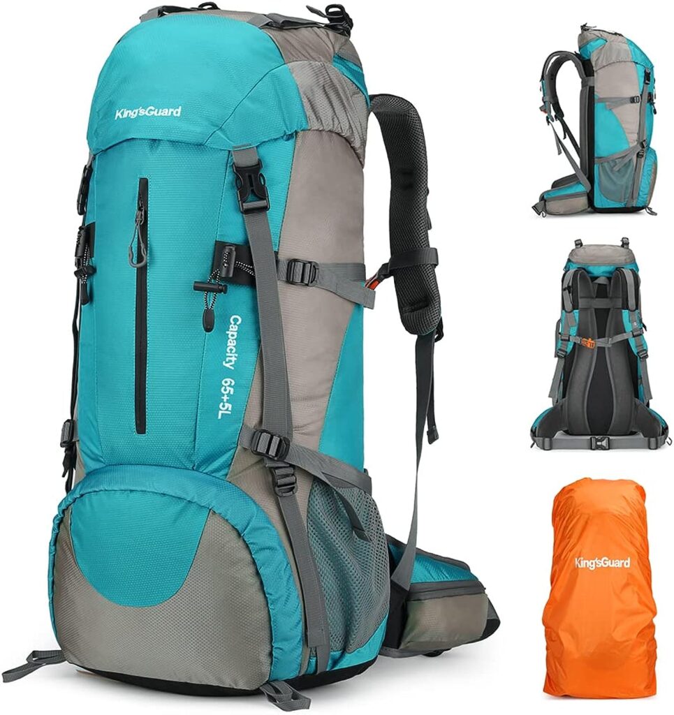 KingsGuard 70L Hiking Backpack with Rain Cover Lightweight Travel Backpack Waterproof Camping Backpack Daypack for Outdoor -Frameless (LakeBlue)