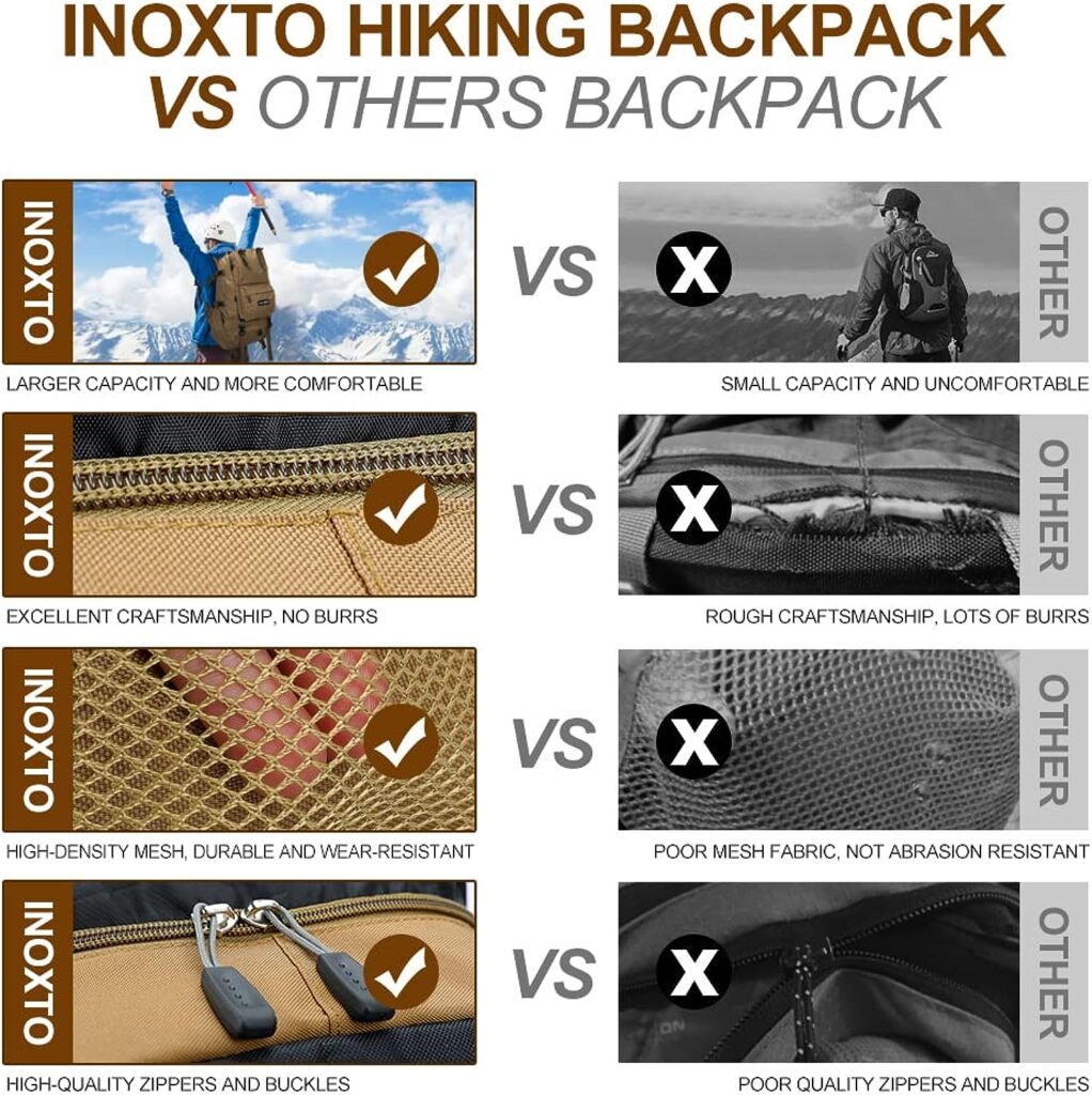 INOXTO 40L Hiking Backpack Camping Backpack with Waterproof Rain Cover for Men Women, Outdoor Sport Travel Daypack with Adjustable Chest and Hip Strap for Climbing Touring (Khaki)