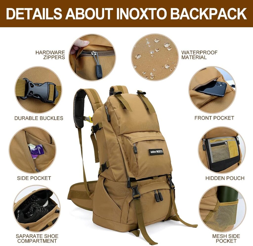 INOXTO 40L Hiking Backpack Camping Backpack with Waterproof Rain Cover for Men Women, Outdoor Sport Travel Daypack with Adjustable Chest and Hip Strap for Climbing Touring (Khaki)