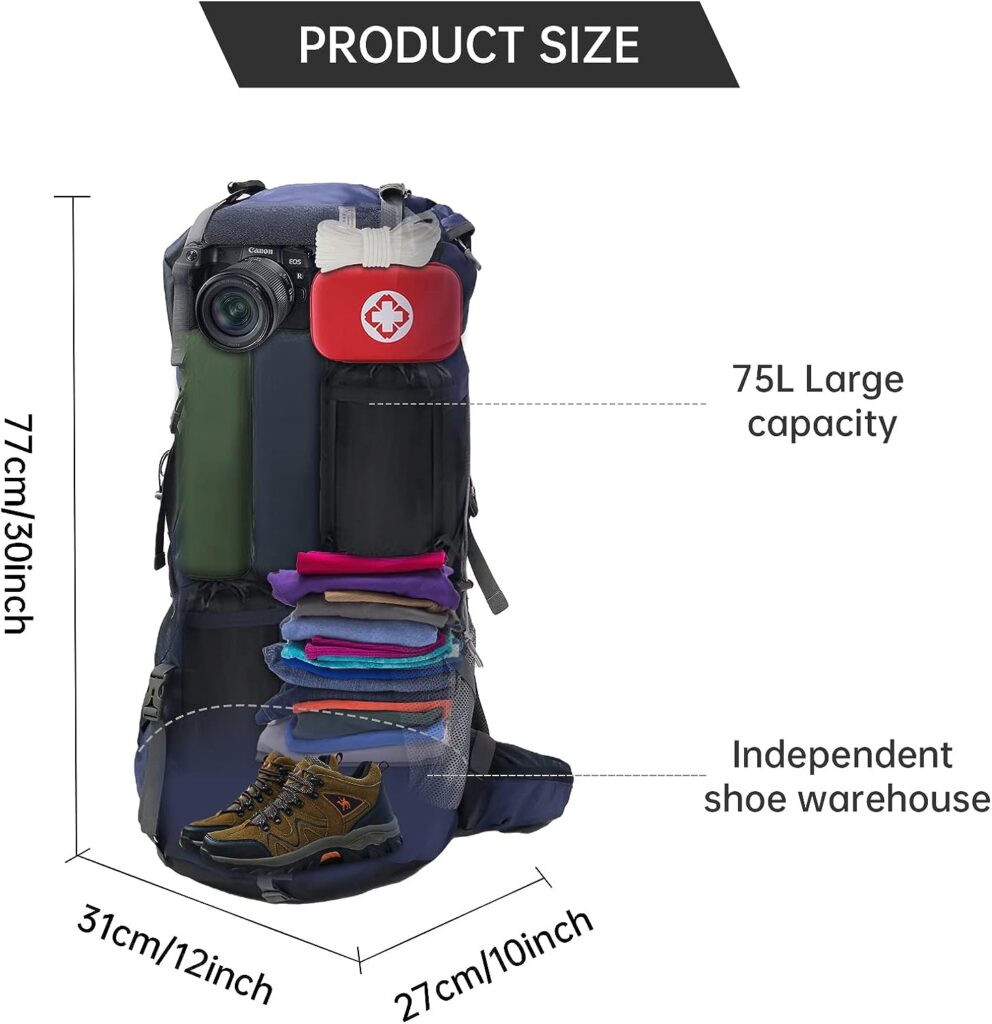 KingsGuard Hiking Backpack for Men and Women 70L+5L Waterproof Lightweight Camping Daypack with Rain Cover for Outdoor Travel Mountaineering - Frameless (Navy)